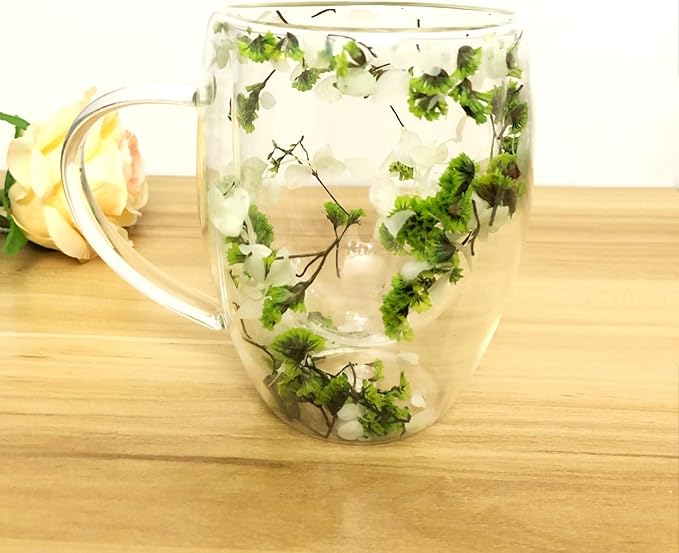 Double Walled Glass Coffee Mugs Flower Glass Coffee Mug With Handle Decorative 10 oz Clear Cappuccino Mug For Hot Cold Tea Milk Latte Wine Beverage Mother’s Day Birthday Christmas Gifts