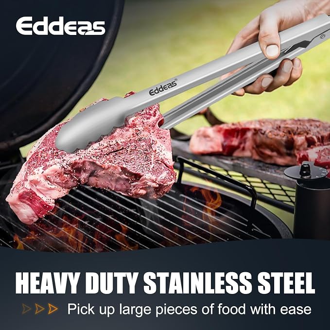 Eddeas 2PCS 12inch Kitchen Tongs - Heat Resistant 600 Degree Tongs for Cooking, Heavy Duty All Metal Food Tongs, Stainless Steel and Non-Slip handle, Salad, Grilling, Barbecue, Dishwasher safe