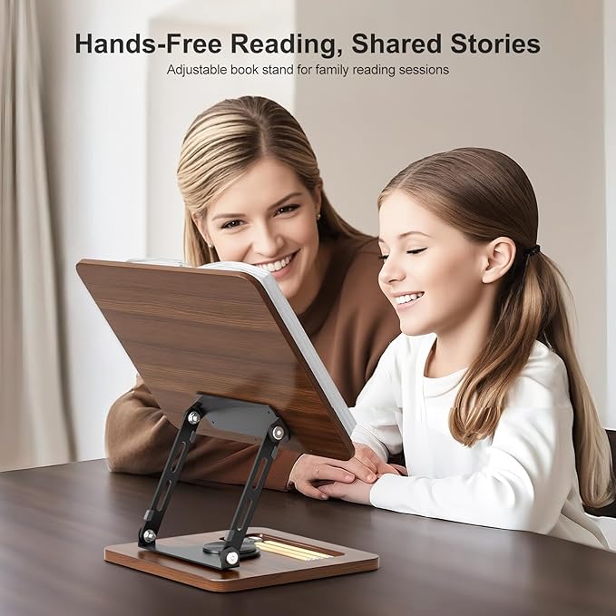 OPTIXCELL Book Stand for Reading, 360° Rotating Hands Free Book Holder, Adjustable Height and Angle, Page Clip for Cookbook, Recipe, Magazine, Laptop,Tablet, Foldable for Kitchen, Office, School