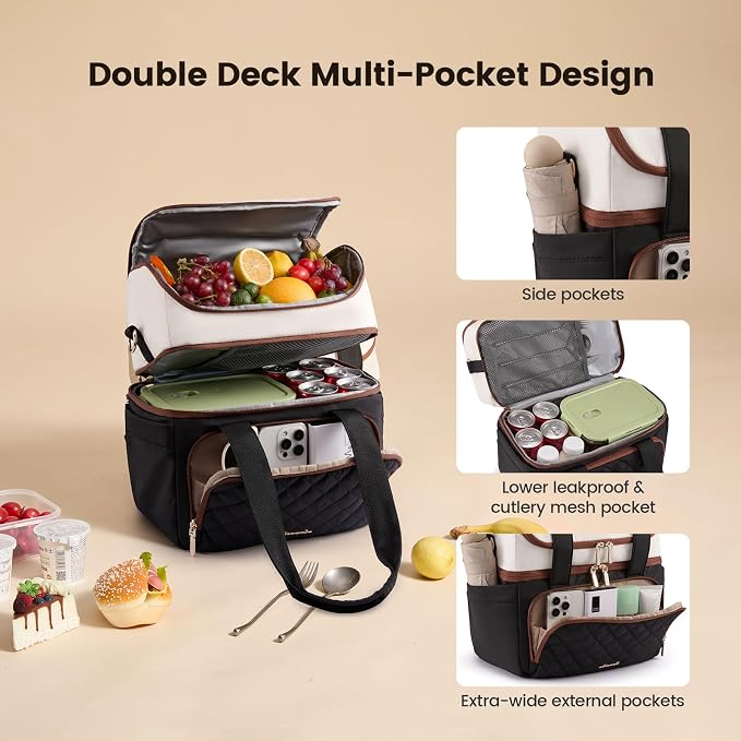 LOVEVOOK Insulated Lunch Bag for Women,Large Double Deck Adult Lunch Box,Teacher Lunch Tote Bag with Cup Holder,Leakproof Cooler Bag with Adjustable Shoulder Strap for Work Picnic Beach,Larger 15L