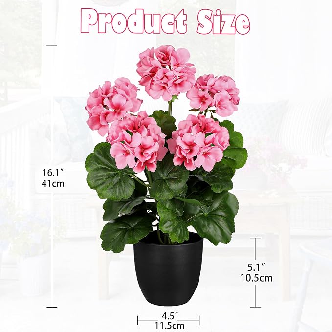 Briful 16” Geraniums Artificial Flowers Realistic Potted Plant – Pink Fake Geraniums for Outdoors, Silk Flowers Artificial Outdoor Plants for Indoor Home Decor, Farmhouse Table Centerpiece Decoration