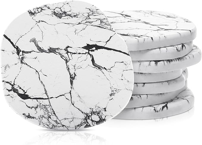 Diatomaceous Earth Coasters Set of 8，Cool Absorbent Quick-Dry Drink Coasters for Desks, Cute Modern Stone Design with Stylish Grey Aesthetic (8, Marble White)