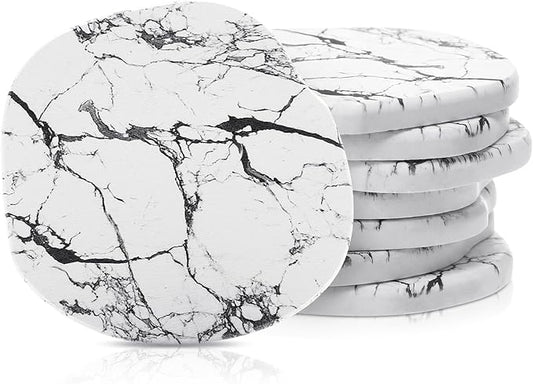 Diatomaceous Earth Coasters Set of 8，Cool Absorbent Quick-Dry Drink Coasters for Desks, Cute Modern Stone Design with Stylish Grey Aesthetic (8, Marble White)