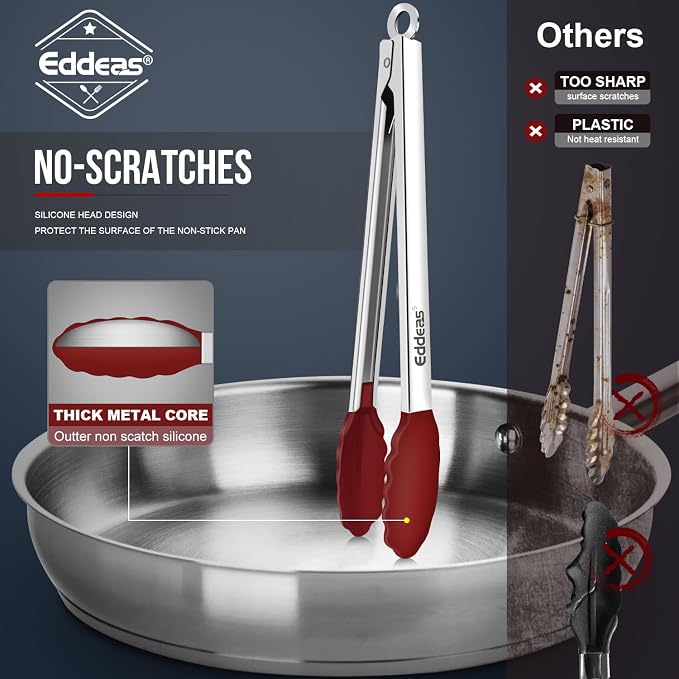 Tongs For Cooking - Silicone Metal Kitchen Tong 7" 9" & 12" Red | 600°F Heat Resistant Silicone Tong, All Metal handle Locking Tongs with Silicone Tips, Heavy Duty Stainless steel