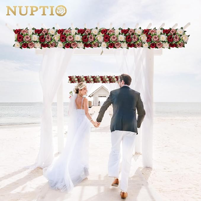 NUPTIO Artificial Flower Centerpieces for Tables - 6 Pcs Burgundy & Dusty Rose & Creamy White Flowers 19.6in Long Fake Roses Arrangements - Faux Floral Arrangement for Wedding Centerpiece