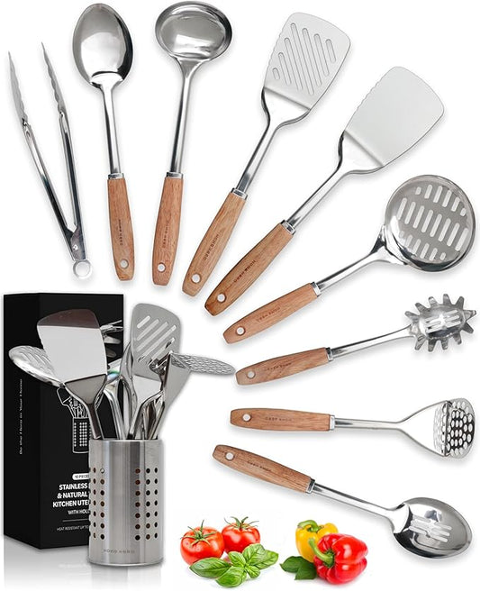 Home Hero Stainless Steel Kitchen Utensils Set - Wood Handle Nonstick Stainless Steel Cooking Utensils Set - Heat Resistant Kitchen Essentials & Metal Kitchen Gadgets (Silver & Wood)