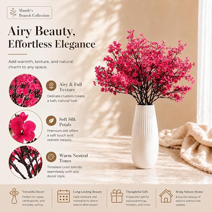 Mandy's Hot Pink Artificial Baby’s Breath Flowers 6 Bundles Silk Gypsophila, 18.5 Inch European Style Modern Home Decor Centerpiece, Neutral Wedding Flower Arrangements