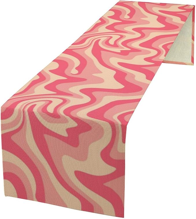 Retro 70s Groovy Table Runner,Vintage Abstract Modern Art Pink Boho Spiral Swirl Waves Farmhouse Country Dinner Runner for Home Kitchen Dining Table Party Holiday Decor 13"x90"