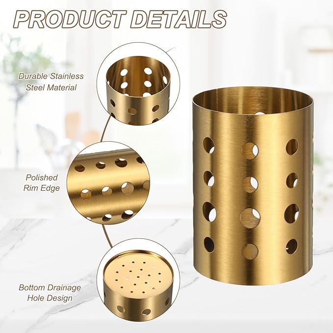 uxcell Kitchen Utensil Holder, 3.9x5.5 Stainless Steel Utensil Cutlery Holder Round Flatware Organizer with Drain Hole for Kitchen Restaurant Countertop Straw, Spoon, Chopstick, Gold