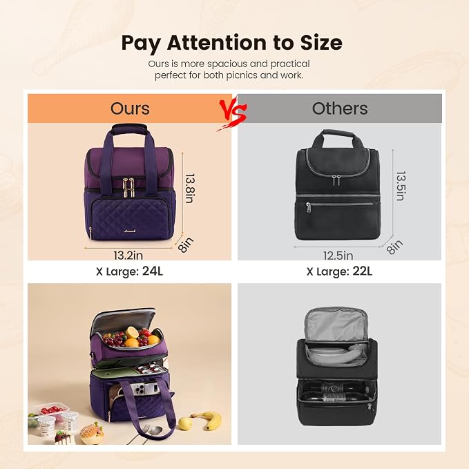 LOVEVOOK Insulated Lunch Bag For Women,X Large Double Deck Adult Lunch Box,Teacher Lunch Tote Bag With Cup Holder,Leakproof Cooler Bag With Adjustable Shoulder Strap For Work Picnic Beach,Larger 24L
