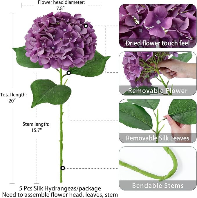 ZYTUYO 5 Pcs Dark Purple Silk Hydrangea Artificial Flowers - Boho Dried Touch 20'' Faux Hydrangeas for Fall Home Decor, Kitchen, Living Room, Porch Wreath, Xmas, Wedding Flower Arrangement