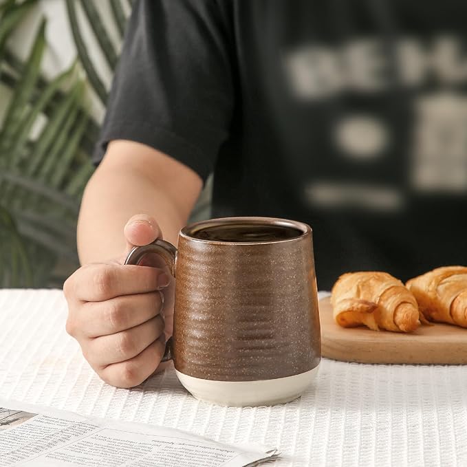 HASENSE Porcelain Coffee Mugs Set of 4-15 Ounce Large Ceramic Coffee Cups Set with Handle for Latte, Tea, Cocoa and Hot Chocolate, Brown Coffee Mugs for Men and Women, Microwave Safe