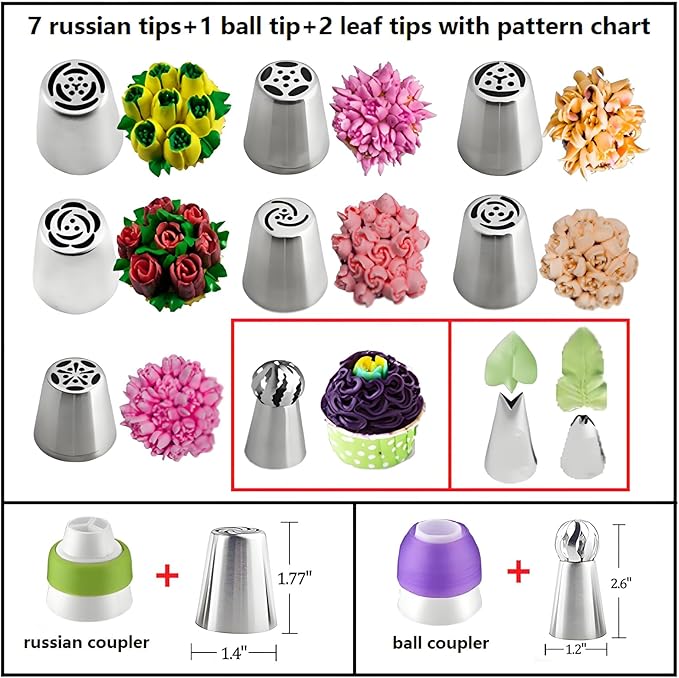 Piping Bags and Tips Set, 130 Pcs with 48 Numbered Icing Tips, 7 Russian Tips, 1 Ball Tip, 2 Leaf Tips, 8 Carved Pens, 4 Couplers, 50 Pastry Bags & More for Cake Cupcake Decorating