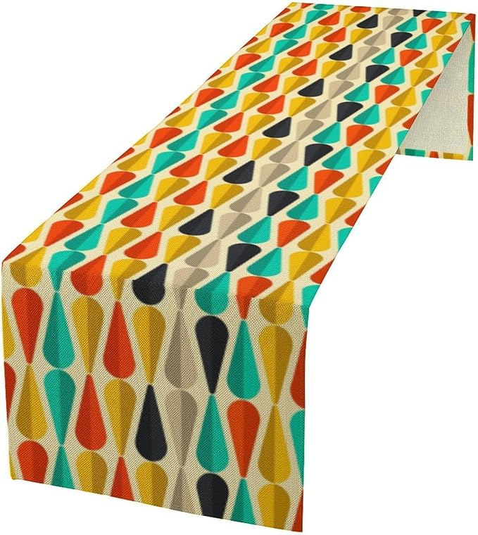 Mid Century Table Runner,Retro Colourful Droplet Shapes Abstract Geometric Table Runner for Home Indoor Outdoor Kitchen Holiday Birthday Party Wedding Decor 13x36 Inch