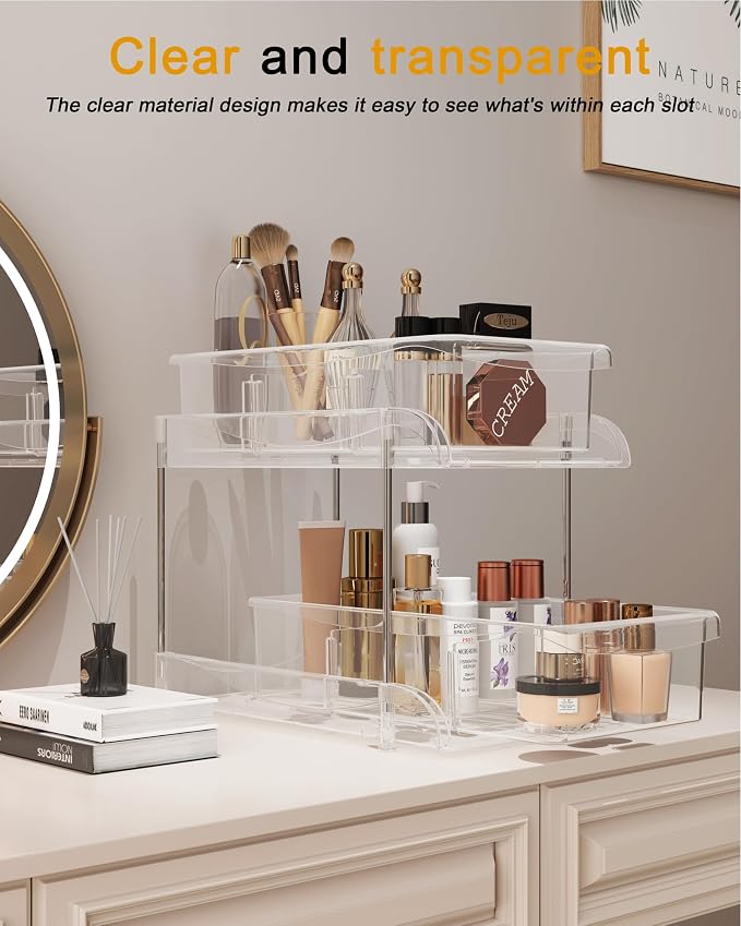 Sevenblue Under Sink Organizer, Bathroom Organizers and Storage, 2 Tier Multi-Use Pull Out Cabinet Organizer with Hang Hooks and Cups (transparent, 2 Pack)