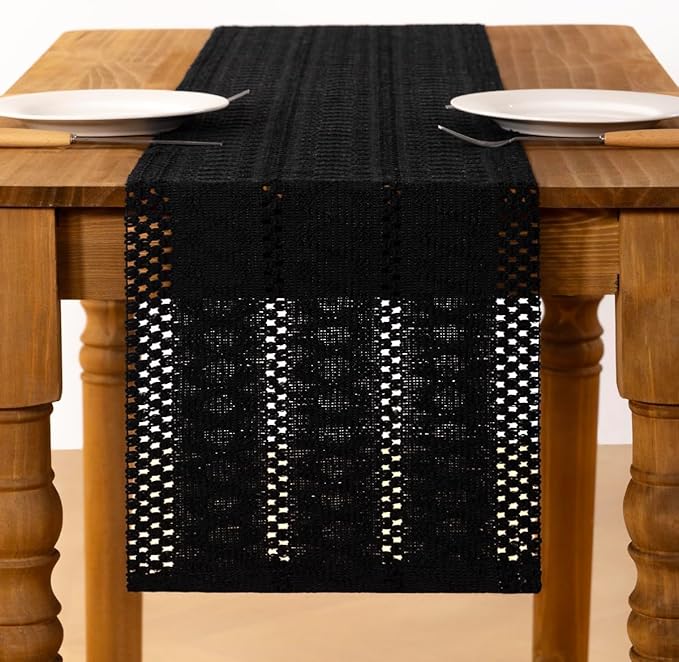 MLMC Black Boho Table Runner Farmhouse Macrame Woven Table Runner 36 inch Long Rustic Cotton Linen Blend Table Decor for Dinning Kitchen Wedding Bridal Shower Eveyrday Use 12x36 Inch