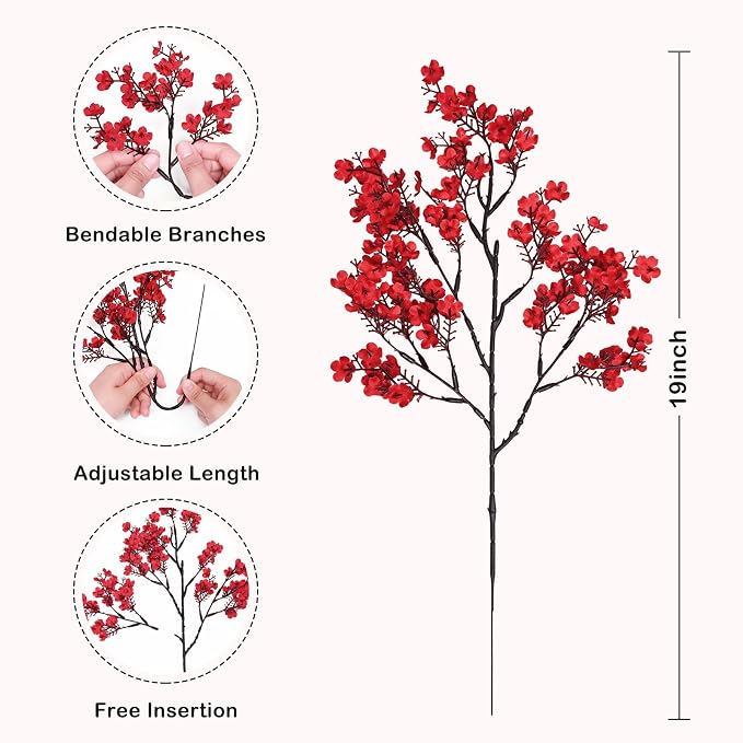 Waipfaru Red Fake Flowers, 15 Pcs Babys Breath Artificial Flowers, Real Touch Silk Flowers Fall Stems for Spring Summer Fall Thanksgiving Christmas Decor Floral Arrangement