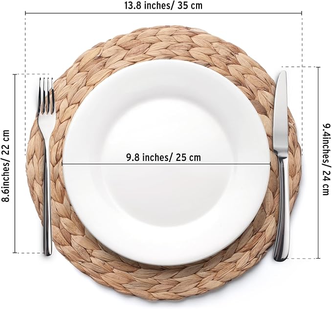 Round Woven Placemats Set of 4, Natural Water Hyacinth Place Mats, Boho Wicker Placemats, Table Mats for Dining Table (13.8 inch) by YANGQIHOME