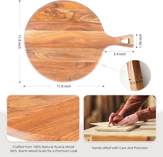 Acacia Wood Pizza Board with Handle, Multi-Purpose Cutting & Charcuterie Board,Wooden Serving Board for Parties, Kitchen Appliances,Pizza Paddle,Gift for Housewarming, Wedding, Holidays
