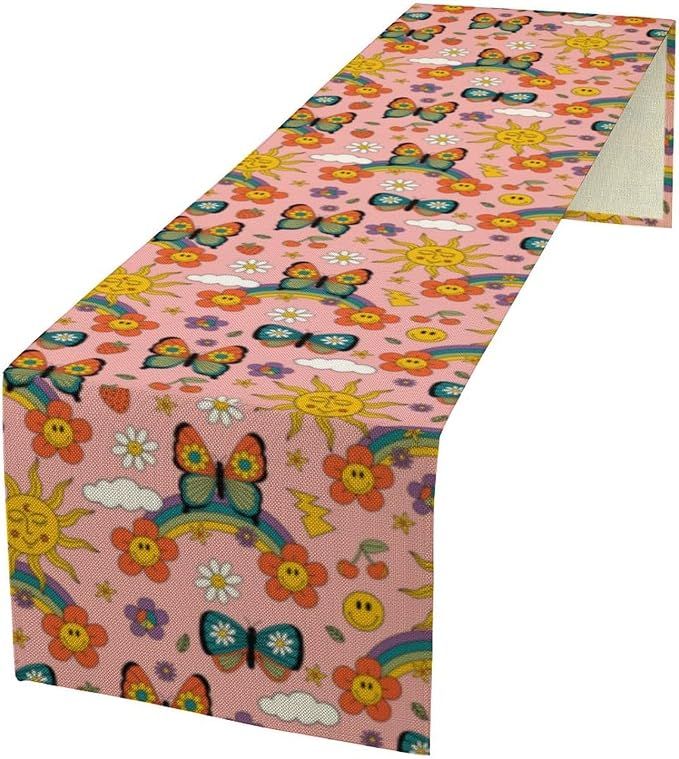 Retro 70s Floral Table Runner,Vintage Hippie Summer Groovy Daisy Flower Table Runner for Home Kitchen Dining Table Party Holiday Decor 13"x60"
