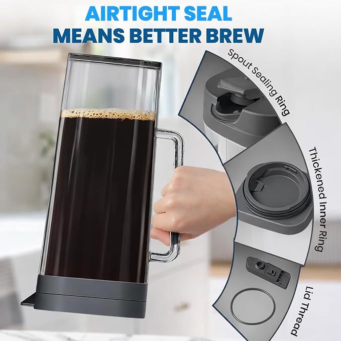SlimFit 64oz Cold Brew Coffee Maker, Leakproof and fits for fridge door, RV Essentials - BPA-Free Plastic with filter, Large 2L capacity, Iced Tea, Fruit Infused Pitcher, RV Accessory