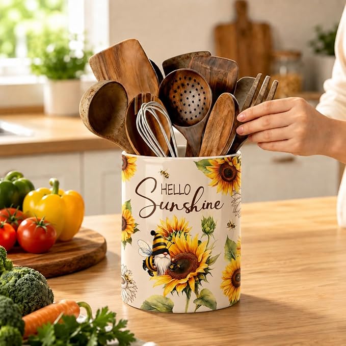 Bee Gnome Utensil Holder, Ceramic Kitchen Utensil Holder, Utensil Crock for Home Kitchen Countertop Storage Organizer Container, Large Holder for Spatulas, Spoons, Kitchen Counter Decor, 6"