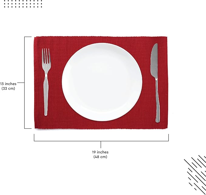 Encasa XO Dining Placemat Set of 6 | Solid Red Color | Fine Ribbed Cotton Table mat | Size 19x13 in | Machine Washable
