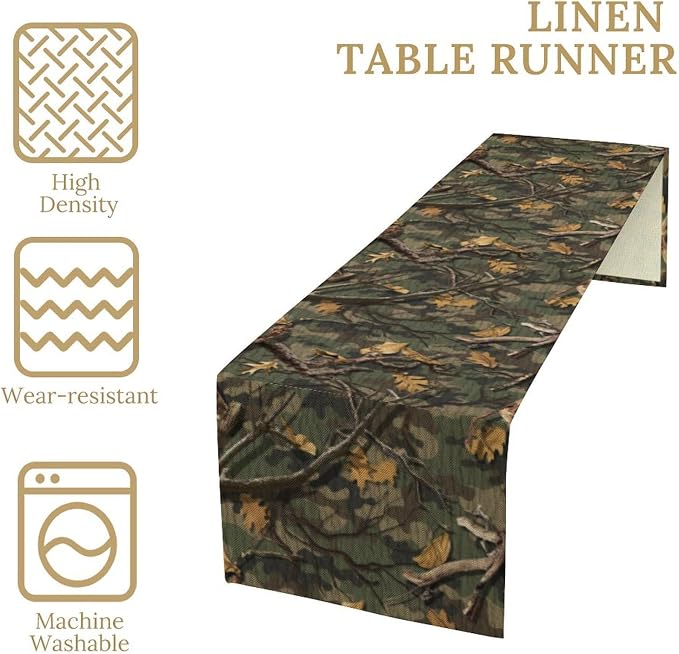 Camouflage Tree Table Runner, Vintage Country Aged Camouflage Nature Hunting Maple Leafs Table Decor Table Top Dining Kitchen Wedding Party 13x120 in