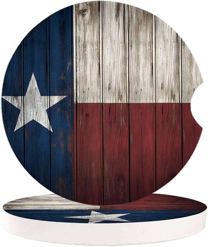 Small Car Coasters for Cup Holders 2.65" Absorbent 2 Pack Car Coaster Ceramic Stone for Drinks Absorb Water Drops Western Texas Star on Rustic Wooden Plank