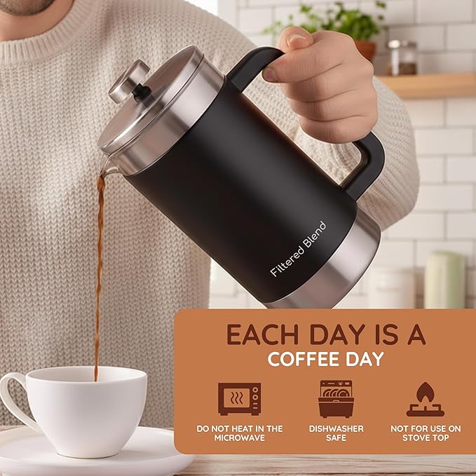 1.6L French Press Coffee Maker, 54oz Large Capacity French Press Stainless Steel Brewer with Double Filter Mesh for Kitchen Travel Camping, Hot & Cold Brew Coffee Maker Gifts (Black)