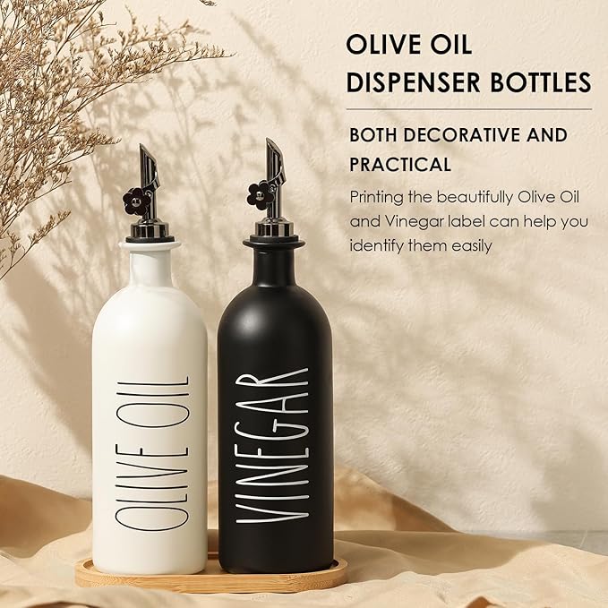 HOMCDALY 16oz Olive Oil Dispenser Bottles for Kitchen, Glass Oil Dispenser for Kitchen with Bamboo Tray, Oil&Vinegar Dispenser Set | Set of 2 (16oz-P-Black&White)