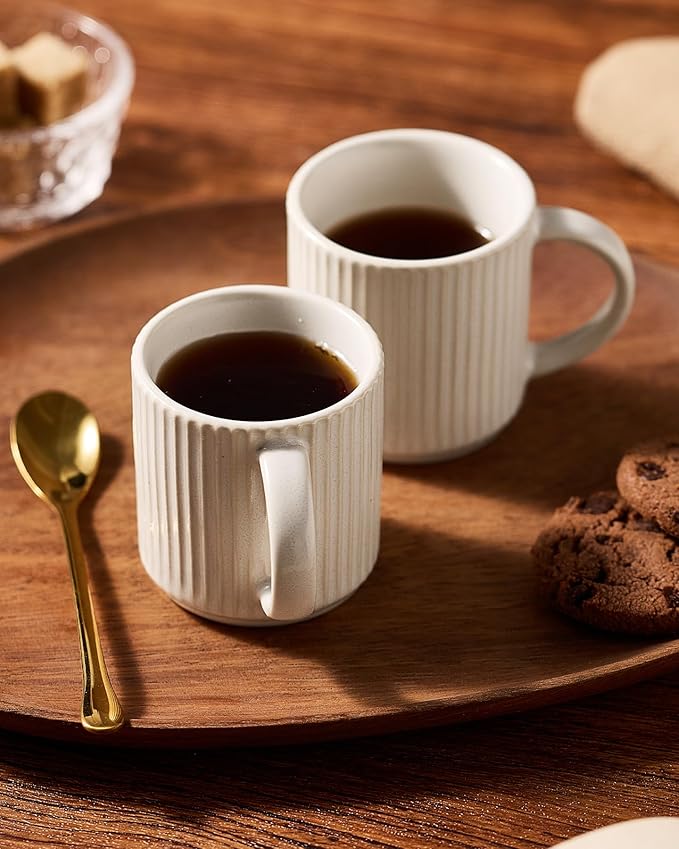 famiware Star Espresso Cups and Saucers Set of 4, [ Mini ] 3 oz Ceramic Small Coffee Mug with Handle, Ribbed Stoneware Demitasse Cup for Tea, Latte - Microwave & Dishwasher Safe - Matte White
