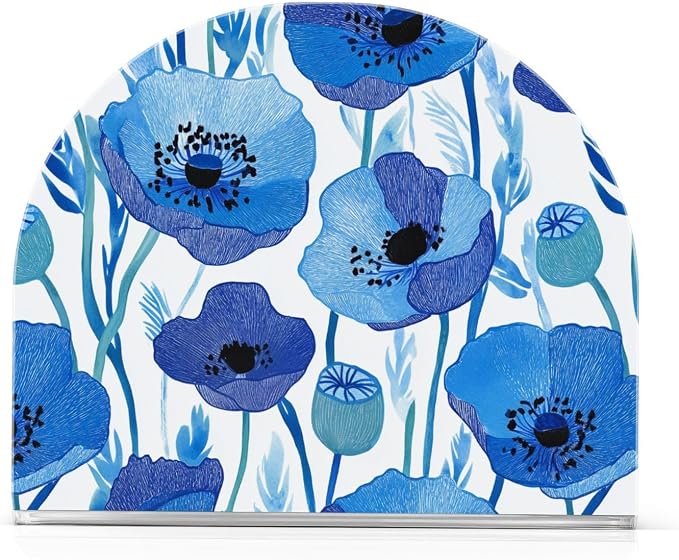 Blue Poppy Flowers with Light Blue Leaves Napkin Holder for Table Acrylic Vertical Napkin Holders for Paper Napkins Decor Napkin Dispenser for Home Party Dining Cocktail Kitchen Accessories, 2 Pack