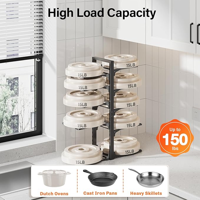 MUDEELA 10-Tier Pots and Pans Organizer under Cabinet, 23.62" Height Heavy Duty Pot and Pan Organizer Kitchen Cabinet Organization and Storage, Adjustable Pot Rack for Frying Pan, Cast Iron Skillet