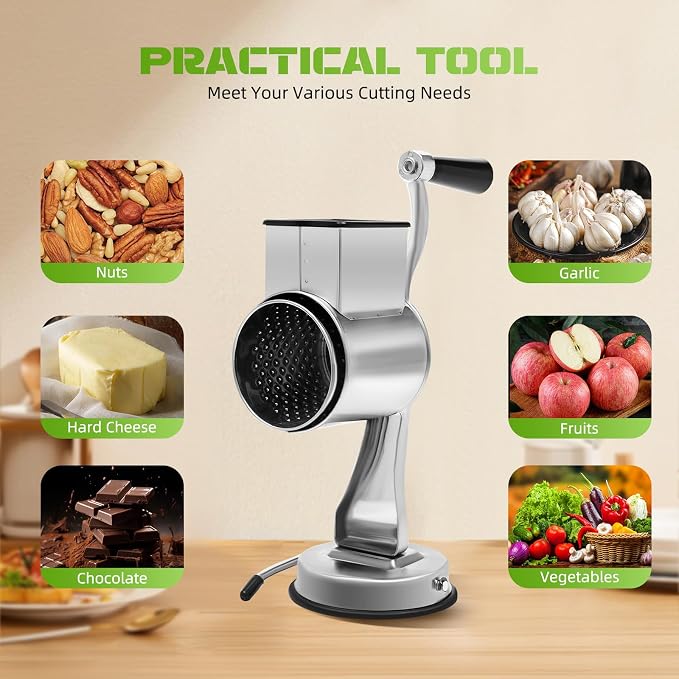 Rotary Vegetable and Fruit Cutter, Cheese Grater Hand Drum Slicer, Stainless Steel Multi-Functional Vegetable Cutting Drum with Suction Cup, Interchangeable Blade for Commercial or Home Use