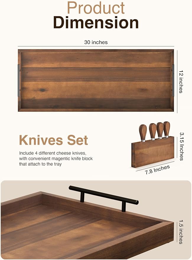 TIDITA Acacia Large Charcuterie Boards for Party with Cheese Knife Set of 4 – Acacia Wood Serving Tray with Handles, Long Charcuterie Board, Wooden Cheese Board (Walnut Color, 30 Inch)