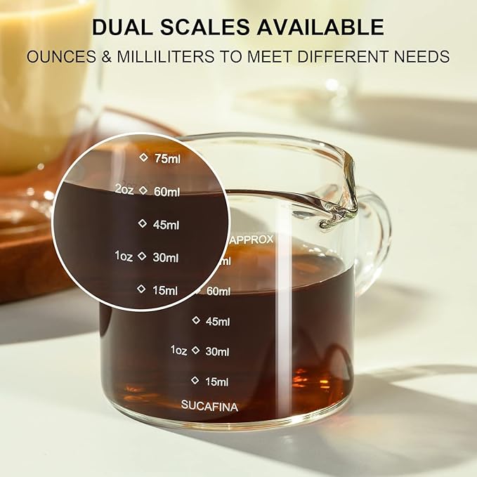PARACITY Espresso Cup with Handle set of 2, Double Spout Glass Measuring Cup with Dual Scale, Espresso Shot Glass with V-Shaped Mouth, Clear Glass Milk Frothing Pitcher, Espresso Accessories