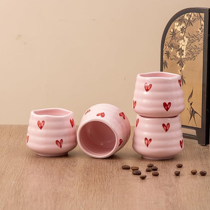 4pcs Japanese Tea Cup Set – Mini Size Cup 5OZ Ceramic Matcha Cup, Handless Espresso Cups, Cute Small Coffee Mugs for Coffee Tea Lovers, Dishwasher & Microwave Safe (Pink Love)