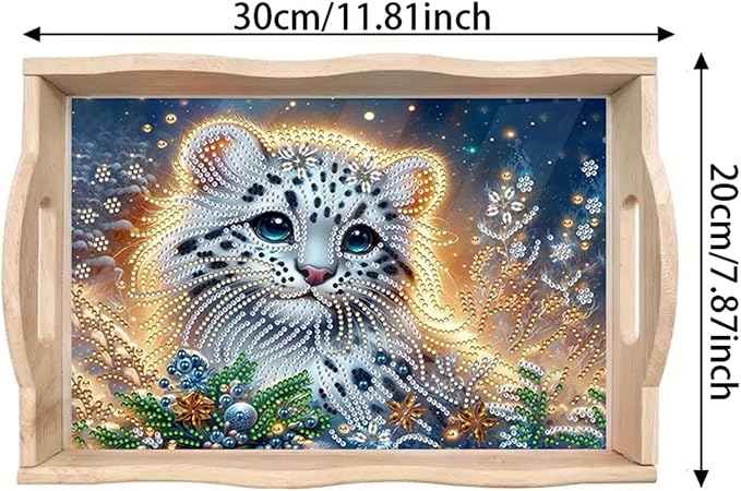 DIY Diamond Serving Tray with Handle Handmade Diamond Art Painting Wooden Rectangular Breakfast Tray for Dinner Plate Coffee Room Living Home Organizer-Tiger