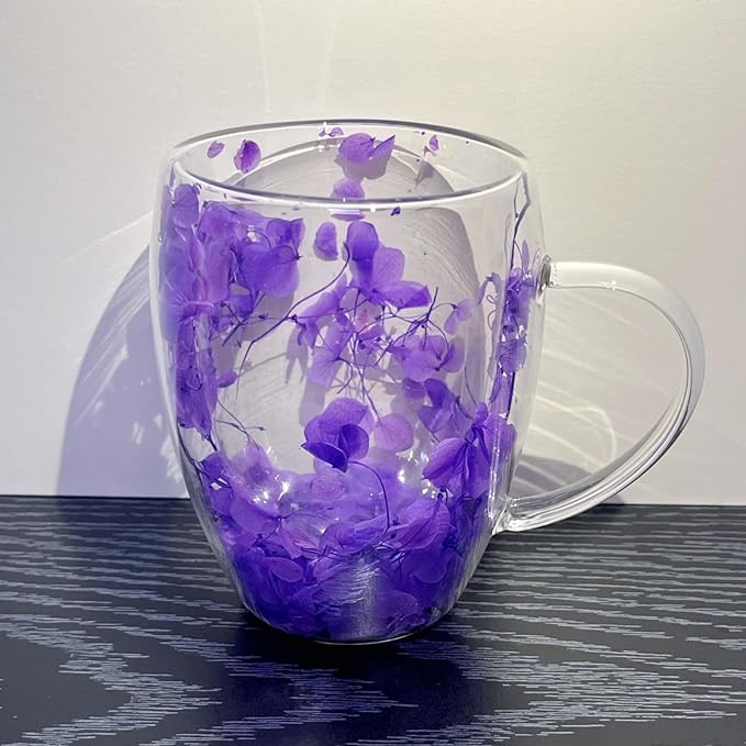 Double Walled Glass Coffee Mugs Flower Coffee Mug With Handle Insulated Heat Resistant Glass Cups Decorative 10 oz Clear Cappuccino Cup For Hot Cold Tea Milk Latte Wine Beverage (Purple)