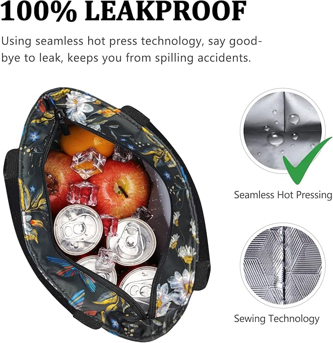 Gloppie Lunch Bag for Women Insulated Lunch Tote Leakproof Cooler Bag Teacher Appreciation Gifts for Work Hummingbird Daisy 9L
