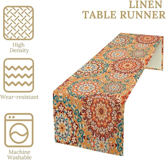 Boho Floral Table Runner, Vintage Rustic Orange Abstract Hippy Geometric Mandala Flower Table Decor Table Top Dining Kitchen Wedding Party 13x90 Inch