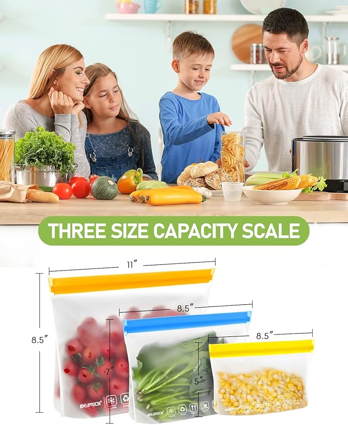 IDEATECH 10Pack Reusable Quart Freezer Bags, Food Storage Bags Stand Up | Dishwasher Safe, Leakproof, BPA-Free Food Grade, Freezer Safe, Quart Size for Meat, Marinades, Salads, Snacks, Lunch, Travel
