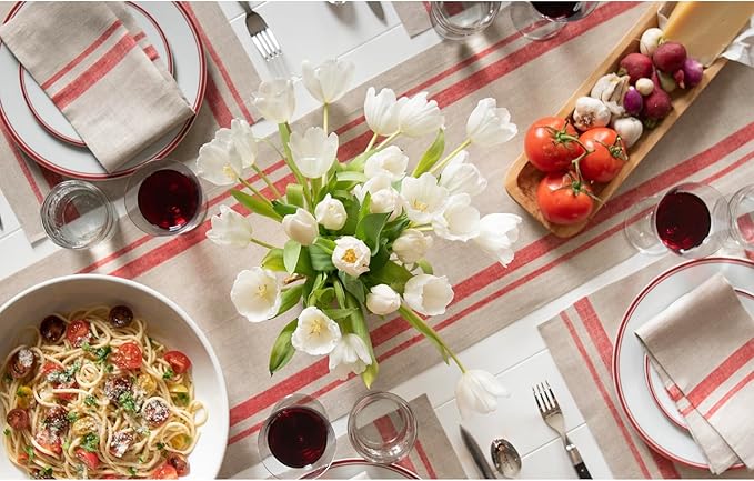 Solino Home Linen Table Runner 72 Inches Long - 100% Pure Linen Red and Natural French Stripe Table Runner 14 x 72 Inch for Dining, Dresser