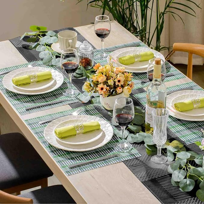 AHHFSMEI Placemats Set of 8 Washable Woven Vinyl Placemats for Dining Table Heat Resistant Non-Slip Stain Resistant Table Mats for Kitchen & Home Decor(Green Blue Stripe,8)