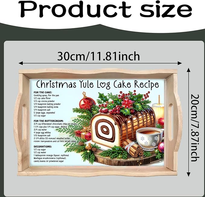 BAYUNOE DIY Diamond Serving Tray Christmas Rectangular Breakfast Tray with Handle Handmade Diamond Art Painting Wooden Tray for Dinner Plate Coffee Room Living Home Organizer-Cake