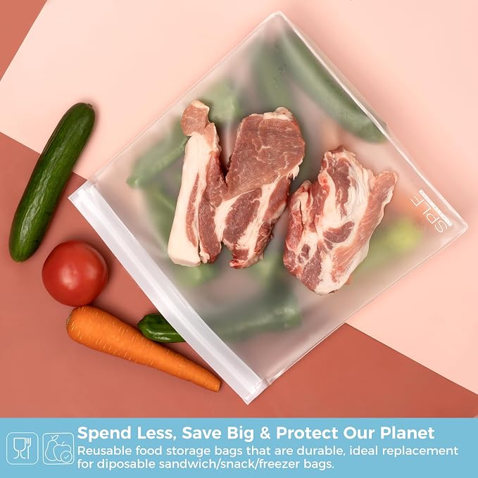 SPLF 4 Pack Dishwasher Safe Reusable Storage Bags, Reusable Gallon Freezer Bags, BPA FREE Stand Up Extra Thick Leakproof Silicone and Plastic Free Zipper Sandwich Snack Lunch Food Bags