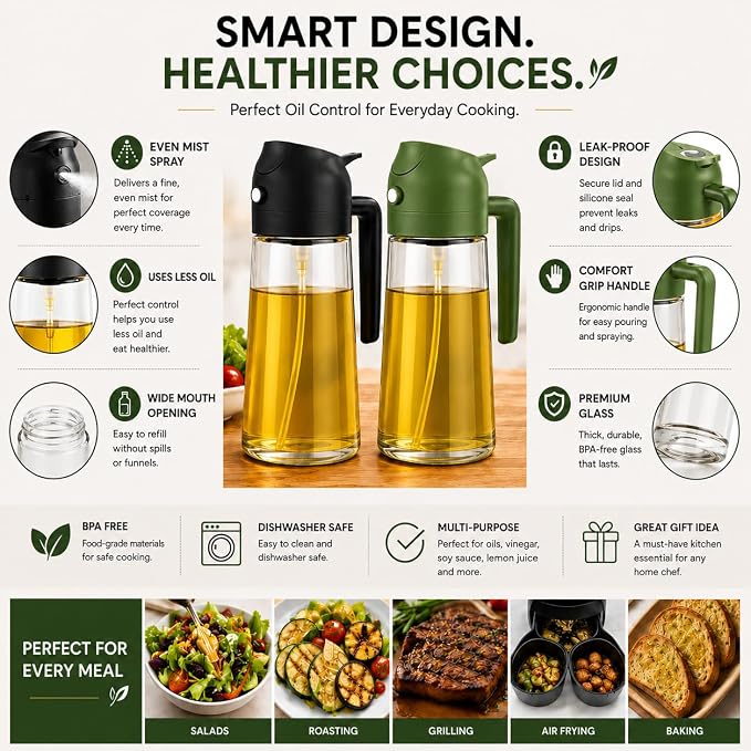 Oil Sprayer for Cooking, 2 Pack Olive Oil Sprayer Bottle, 16oz Glass Oil Dispenser for Kitchen, Fine Mist Spray & Pour, BPA-Free, Refillable, Leakproof, Air Fryer, Salad, BBQ & Cooking