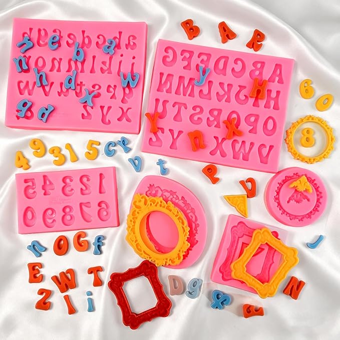 6 Pcs Picture Frame Silicone Molds, Mini Vintage Photo Frame Fondant Molds Letter Molds and Number Molds Kit for Cupcake Topper Chocolate Candy Resin Making Edible Letters Numbers for Cakes Decorating