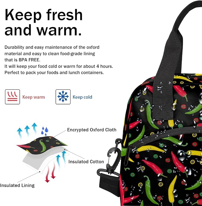 Colurful Chili Insulated Lunch Bag for Women Men Reusable Lunch Box Cooler Bag Large Leakproof Lunch Tote with Adjustable Shoulder Strap for Adult Work Picnic Camping Beach Office